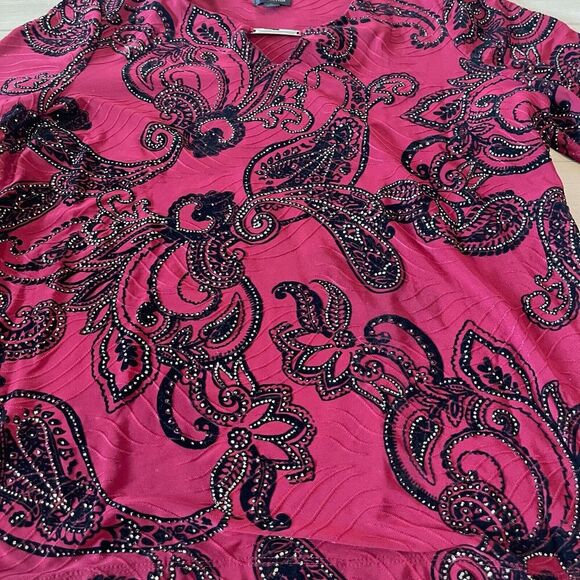 JM Collection‎ Womens Blouse PL Red/Black Velvet Beaded Paisley dark academia - Picture 3 of 8